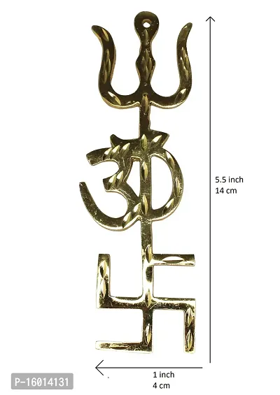 Om BhariPuri Brass Trishakti Yantra Trishul Om Swastika Decorative Spiritual Vastu Items Indian Hindu Religious Wall Home Decor Kitchen Pooja Mandir Temple Hanging Good Luck(Gold Color)-thumb2