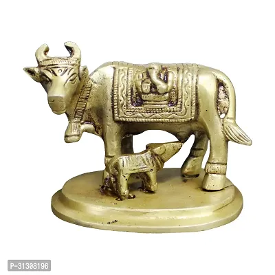 Om BhariPuri Sitting Nandi Cow Brass Statue, Brass Shiva's Bull Statue, Brass Temple Decor, Standard, Pack of 1-thumb0