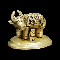 Om BhariPuri Sitting Nandi Cow Brass Statue, Brass Shiva's Bull Statue, Brass Temple Decor, Standard, Pack of 1-thumb1