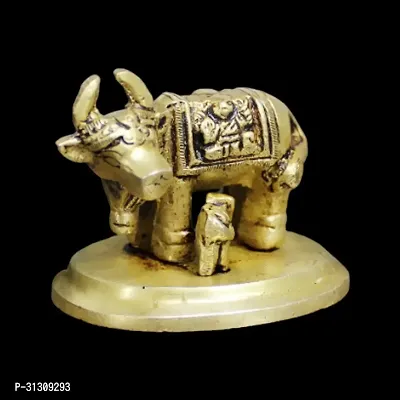 Om BhariPuri Sitting Nandi Cow Brass Statue, Brass Shiva's Bull Statue, Brass Temple Decor, Standard, Pack of 1-thumb2