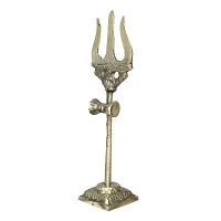 Om BhariPuri Traditional Trishul (Trident) Damru with Stand Brass Statue for Car Dashboard/Puja Ghar, Temple-thumb1