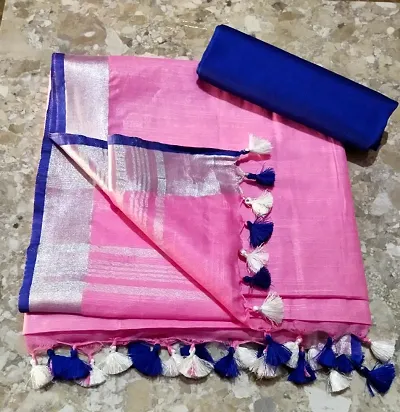 Attractive Handloom Women's Original Linen Saree (100% Original) With Blouse Piece