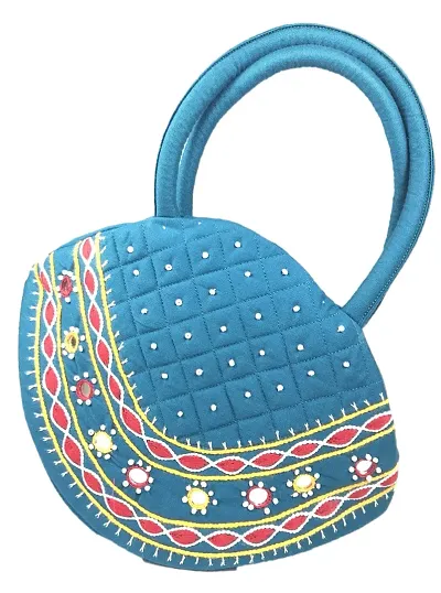 SriAoG Mini Womens Handbag Vintage Banjara Traditional Pot Bag Hand Purse handmade (Small 6.5x9.5 Inch Mirror Beads and Thread Work Handcraft Pouch Green)