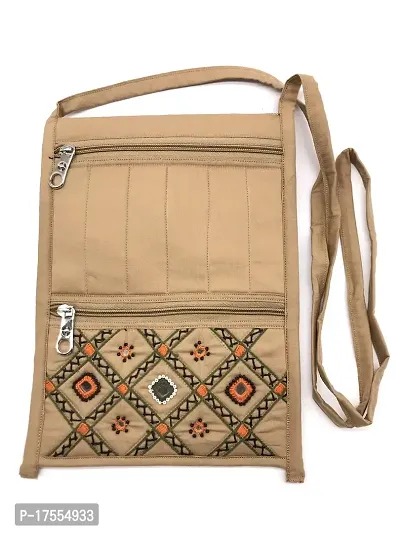 SriAoG Handcrafts Rajasthani Embroidered Lady's Sling Bag with Zip Ethnic Crossbody Side Bags for Women Gift Items (10.5 Inch Mirrors Work Handmade, Beige)-thumb0