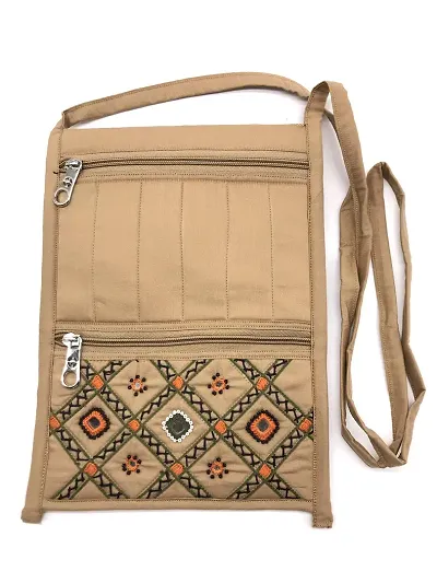 SriAoG Handcrafts Rajasthani Embroidered Lady's Sling Bag with Zip Ethnic Crossbody Side Bags for Women Gift Items (10.5 Inch Mirrors Work Handmade, Beige)