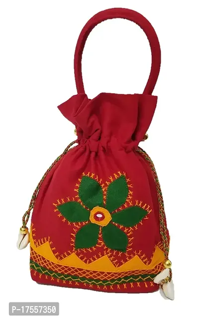 SriAoG Rajasthani Style Embroidery Batwa Pouch for Women Handmade Ethnic Kaudi Shells Potli Bags for Girls Party Gift Items (8.5 Inches, Red)-thumb0