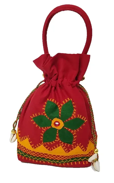 SriAoG Rajasthani Style Embroidery Batwa Pouch for Women Handmade Ethnic Kaudi Shells Potli Bags for Girls Party Gift Items (8.5 Inches, Red)