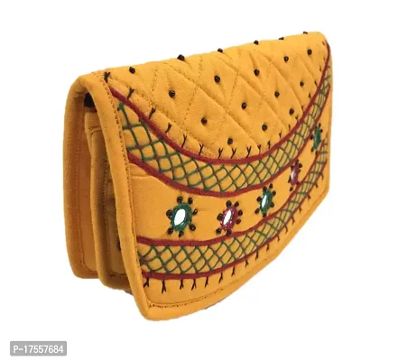 SriAoG Handicrafts Women Pocket Purse Girls Stylish, Cotton ladies clutches purses phone case (Mini Wallet 6.5 Inch Original Mirror Beads and Thread Work handmade) (Yellow mini purse)-thumb0