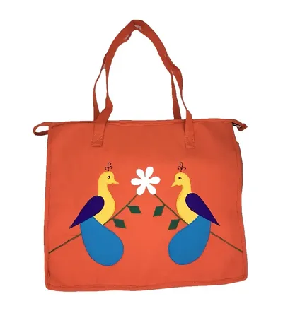 SriAoG Traditional Tavel Bag Tiffin/Shopping/Grocery Hand Bag with Zip Handbags for Women Big size Travel Picknik Ladies Bags Peacock Embroidery Designer Handmade Large Cotton Tote Hobo 15 Inch Multicolor