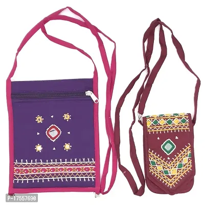 SriAoG Passport Sling Bag for Women Combo Pack of 2 Stylish Mobile Crossbody Bags for Girls Embroidery Cross Bags Ladies Wedding Gifts (Violet  Maroon)-thumb0