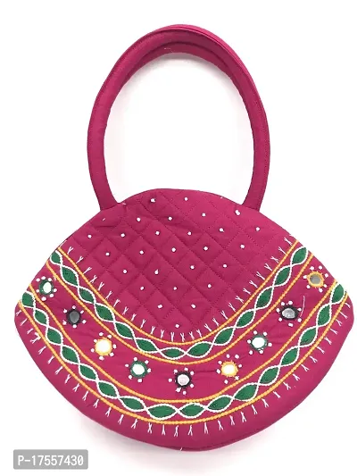 SriAoG Handmade Cotton MINI Hand Purse for Women Stylish Pouch Female Top Handle Hand held Bags Ladies Rakhi Gift for Sisters (9.5x 6.5 Inch Mirrors Embroidery Work) Pink-thumb0