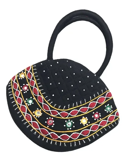SriAoG Handmade Top Handle Bag for Women Tradtional Embroidered Girls MINI Handheld Purse Cotton Hand Purse with Handle (9.5 x 6.5 Inch Mirrors and Embroidery Work) Multicolor
