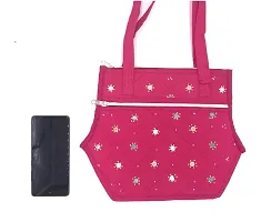 SriAoG Handcrafted Women's Top Handle Bags Eco-Friendly Ladies Cotton Hand Bags with Tiny Mirrors and Embroidered Zipper Closure 10 Inch Pink-thumb3