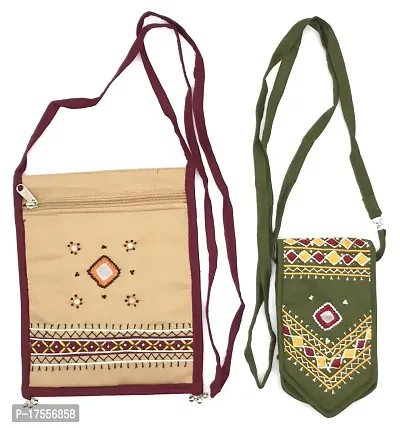 SriAoG Rajasthani Jaipuri Design Crossbody Bag for Girls Handmade Traditional Mobile Sling bag Combo for Women Cotton Zip Closure (Beige  Olive)-thumb0