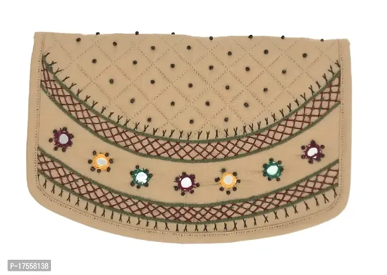 SriAoG Womens Handcrafted Embroidered Clutch Bag Purse Wallet for Bridal, Casual, Party, Wedding (8.5 inch Mirror Beads and Thread Work Beige, Cream)-thumb0