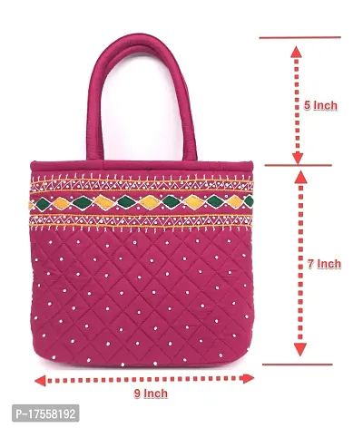 SriAoG Mini handbag for women Handcrafts Ladies hand bags SMALL size Cotton Traditional Hand carry bag (9x7x3 Inch Original beads thread Work, Pink)-thumb3