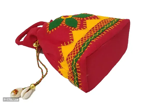 SriAoG Rajasthani Style Embroidery Batwa Pouch for Women Handmade Ethnic Kaudi Shells Potli Bags for Girls Party Gift Items (8.5 Inches, Red)-thumb4