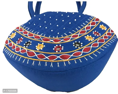 SriAoG Handmade MINI Handheld Bags for Women Stylish Top Handle Bags for Girls Gifting Items Ladies Purse Handbag (9.5 x 6.5 Inch Mirror Embroidered Work) Blue-thumb3