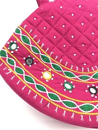 SriAoG Handmade Cotton MINI Hand Purse for Women Stylish Pouch Female Top Handle Hand held Bags Ladies Rakhi Gift for Sisters (9.5x 6.5 Inch Mirrors Embroidery Work) Pink-thumb1