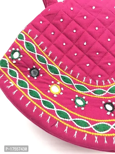 SriAoG Handmade Cotton MINI Hand Purse for Women Stylish Pouch Female Top Handle Hand held Bags Ladies Rakhi Gift for Sisters (9.5x 6.5 Inch Mirrors Embroidery Work) Pink-thumb2