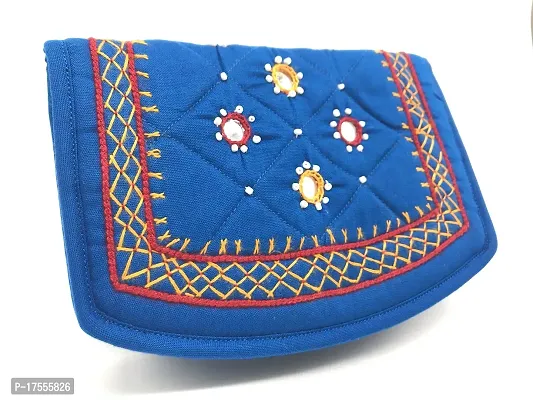 SriAoG Handcrafted Women's Hand Purse Traditional Cotton Clutch Purse for Girls (6.5 Inch Small Purse Grey, Mirror Work Handcraft)