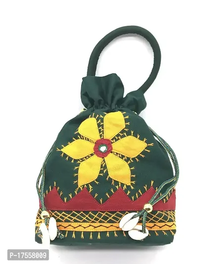 SriAoG Women's Cotton Potli Bags for Return Gifts Handmade Embroidered Cowrie Shells Batwa Pouch for Ladies (Small 8.5 Inches, Green)-thumb0