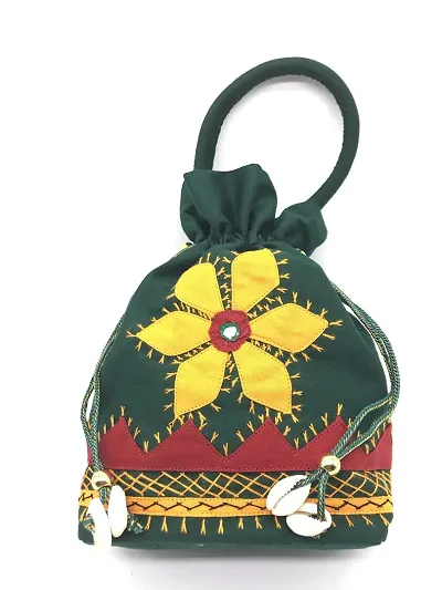 SriAoG Women's Potli Bags for Return Gifts Handmade Embroidered Cowrie Shells Batwa Pouch for Ladies (Small 8.5 Inches, Green)