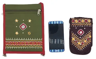 SriAoG Handcrafts Passport Holder Sling Bag for Women Combo Pack Of 2 Cotton Fabric Ladies Mobile Side Bags Stylish Marriage Gift Items Olive  Brown-thumb1