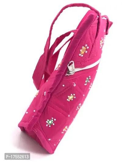 SriAoG Handcrafted Women's Top Handle Bags Eco-Friendly Ladies Cotton Hand Bags with Tiny Mirrors and Embroidered Zipper Closure 10 Inch Pink-thumb5