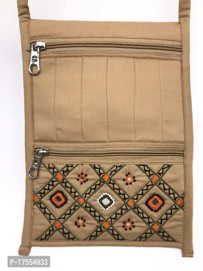 SriAoG Handcrafts Rajasthani Embroidered Lady's Sling Bag with Zip Ethnic Crossbody Side Bags for Women Gift Items (10.5 Inch Mirrors Work Handmade, Beige)-thumb4