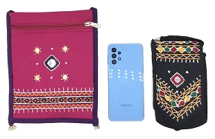 SriAoG Handicrafts Sling Bags for Girls Combo Set of 2 Passport Sling  Mobile Cross Bag Banjara Cotton Crossbody Bags for Women Gift Items (Pink  Black)-thumb1