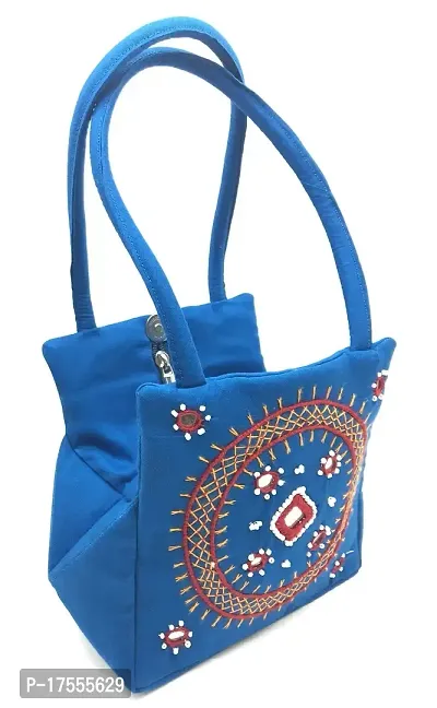 SriAoG Handicrafts Mini handmade bags for women Banjara Traditional Small Handle Bags crafts Cotton Blue color (9x6x4 Inch Original needle craft Thread Work)