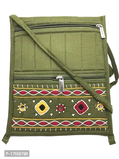 SriAoG Rajasthani Jaipuri Design Crossbody Bag for Girls Handmade Traditional Sling bag for Women Cotton Zip Closure (Medium 9x8 Inch Original Needle Craft) Olive