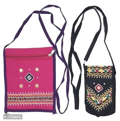 SriAoG Handicrafts Sling Bags for Girls Combo Set of 2 Passport Sling  Mobile Cross Bag Banjara Cotton Crossbody Bags for Women Gift Items (Pink  Black)-thumb0