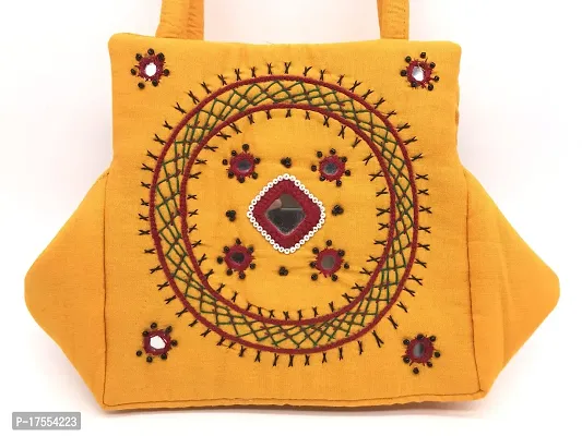 SriAoG Handicrafts handbags small size for ladies hand stitching Traditional Mini Handle Bag gold yellow Banjara handmade 9x6x4 Inch Purse Cotton Hand work Work Craft-thumb4