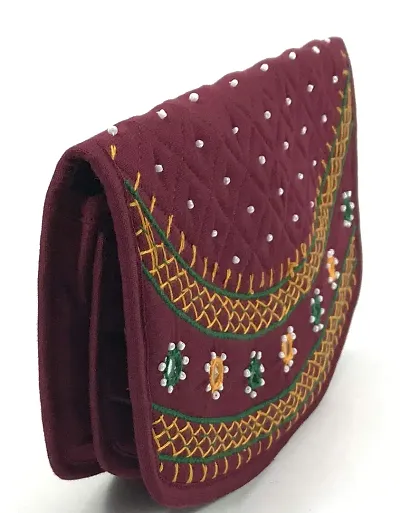 SriAog Handicrafts Ladies Clutches with Phone Pocket Banjara Traditional Hand Purse Cotton Handmade Ladies Wallet (Large Purse organizer Maroon 8.5
