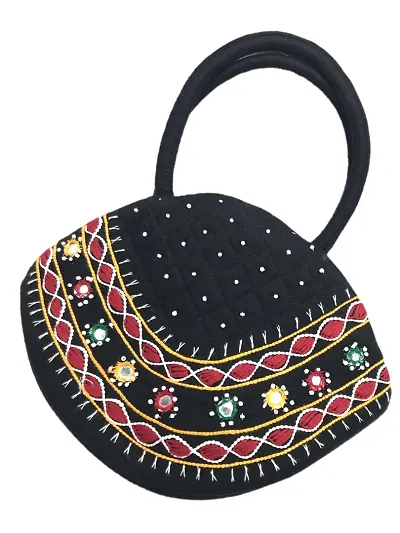 SriAoG Traditional Women's MINI Handle bag Banjara Applique Handmade Hand Held Purse for Girls Birthday Gift Items (9.5 x 6.5 Inch Mirrors Beads and Thread Work)