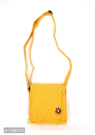 SriAoG Handmade Banjara Embroidery Sling Crossbody Bag for Women| Slip Pocket Inside| Shoulder Sling Bag for Girls| 7 Inch Yellow