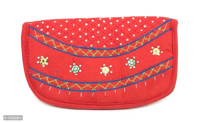 SriAoG Handcrafted Cotton Clutches Women Banjara Embroidered Zip Around Purse Stylish 2 Fold Wallet Original Mirror Work Return Gift Items 8.5 Inch Red
