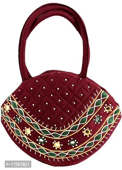 SriAoG Women's Traditional Handbags Small Handheld Top Handle Bags for Girls Lady's Handmade Purse Banjara Embroidered (9.5 x 6.5 Inch Beads and Threads Work) Maroon