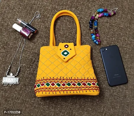 SriAoG Handicrafts Women Top Handle bag Small Size Banjara Traditional Mini Bag Handmade Hand Purse Cotton 7Inch Size Original Beads Thread Work Yellow Handbags-thumb3