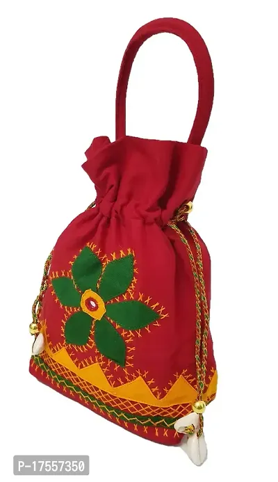 SriAoG Rajasthani Style Embroidery Batwa Pouch for Women Handmade Ethnic Kaudi Shells Potli Bags for Girls Party Gift Items (8.5 Inches, Red)-thumb3