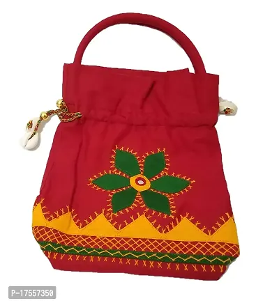 SriAoG Rajasthani Style Embroidery Batwa Pouch for Women Handmade Ethnic Kaudi Shells Potli Bags for Girls Party Gift Items (8.5 Inches, Red)-thumb2