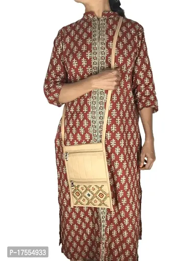 SriAoG Handcrafts Rajasthani Embroidered Lady's Sling Bag with Zip Ethnic Crossbody Side Bags for Women Gift Items (10.5 Inch Mirrors Work Handmade, Beige)-thumb2