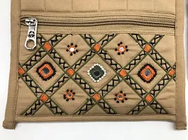 SriAoG Handcrafts Rajasthani Embroidered Lady's Sling Bag with Zip Ethnic Crossbody Side Bags for Women Gift Items (10.5 Inch Mirrors Work Handmade, Beige)-thumb2