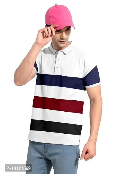 Marmalade Men's Regular Cotton Striped Relaxed Fit Short Sleeve Collared Neck T-Shirt (WH-White)-thumb2