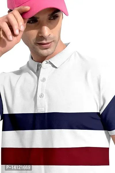 Marmalade Men's Regular Cotton Striped Relaxed Fit Short Sleeve Collared Neck T-Shirt (WH-White)-thumb3