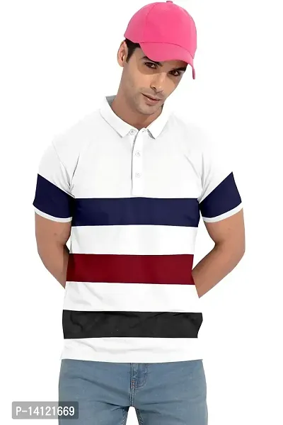 Marmalade Men's Regular Cotton Striped Relaxed Fit Short Sleeve Collared Neck T-Shirt (WH-White)