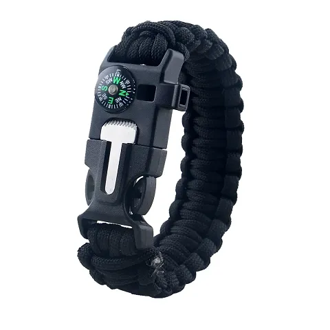 Survival Bracelet Flint Fire Starter Gear With Compass - Black