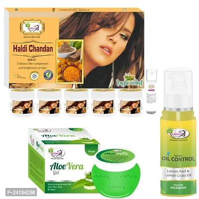 Sibley Beauty Haldi Chandan Facial Kit Combo With Haldi Chandan Instant Glow Facial Kit ( 155 Gm With 10 Ml) With Aloe Vera Moisturizer Gel For Face (1 X 100 Gm) With Oil Control Oil Face Wash(1 X 100 Ml)